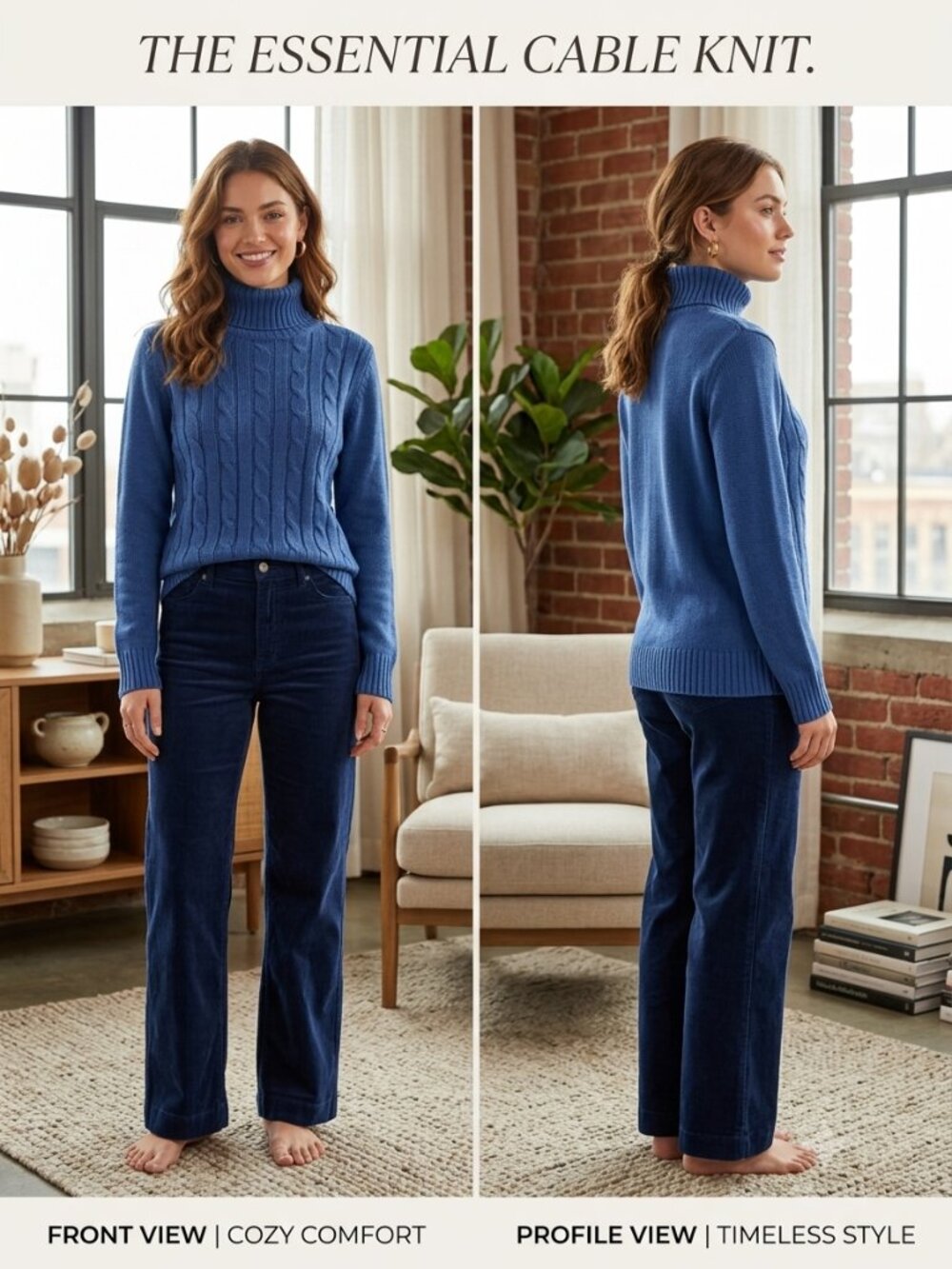 White Stag Women’s Blue Cable Knit Turtleneck Sweater Long Sleeve Size Small